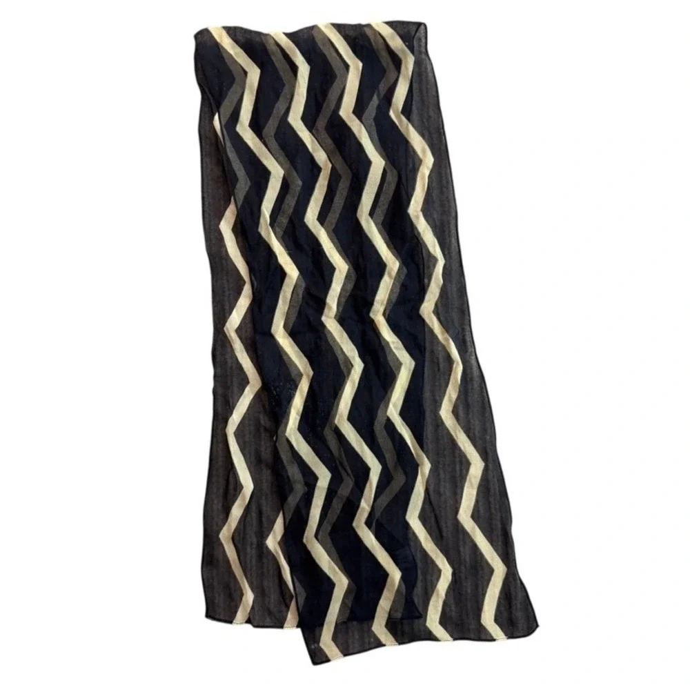 100% Silk Sheer Chevron Zigzag Scarf Black Tan Geometric Lightweight Rectangle